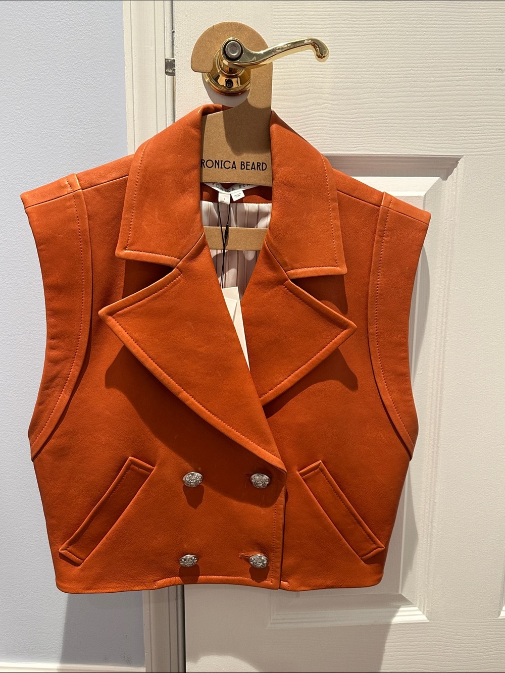 NWT Veronica Beard Rust Orange leather Double-Breasted Rixey Vest size 4